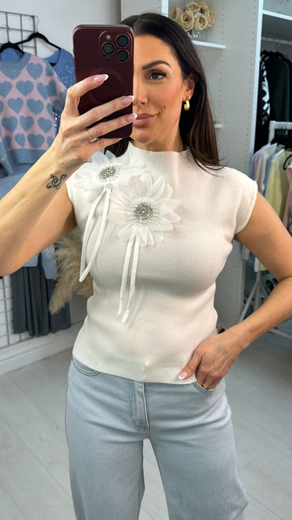 Mara Plain Embellished Flower High Neck Top