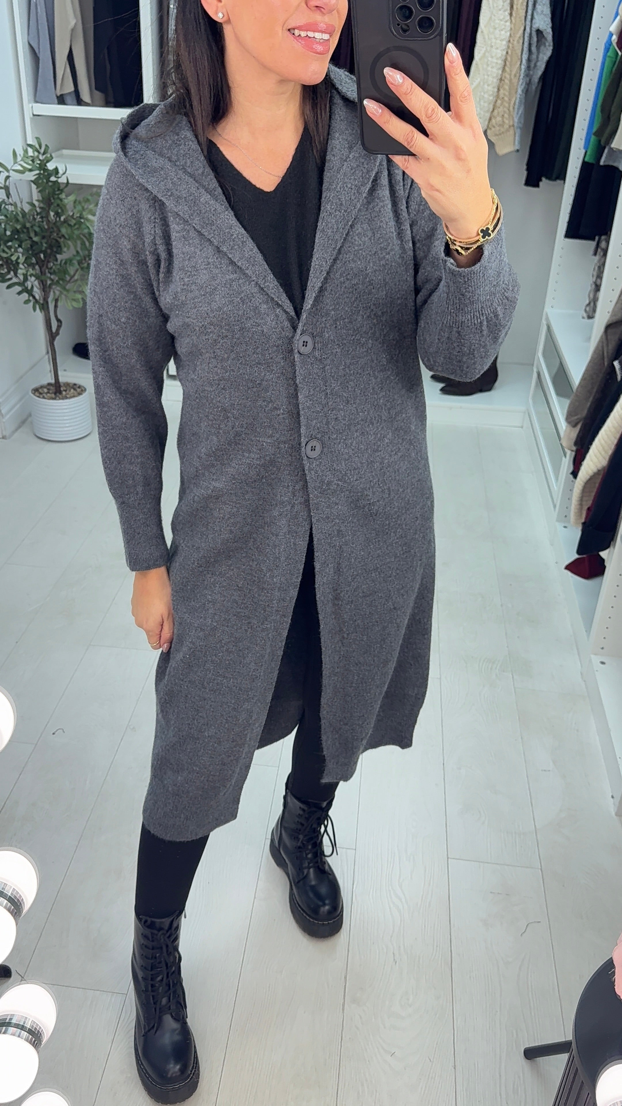 Ottie Plain Button Closure Longline Hooded Cardigan