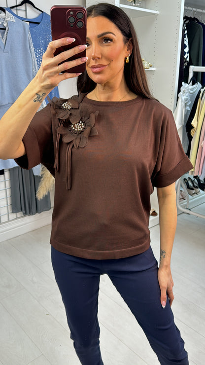 Coralie Plain Embellished Flower Short Sleeve Top