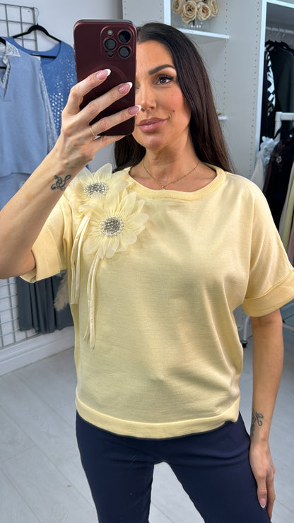 Coralie Plain Embellished Flower Short Sleeve Top