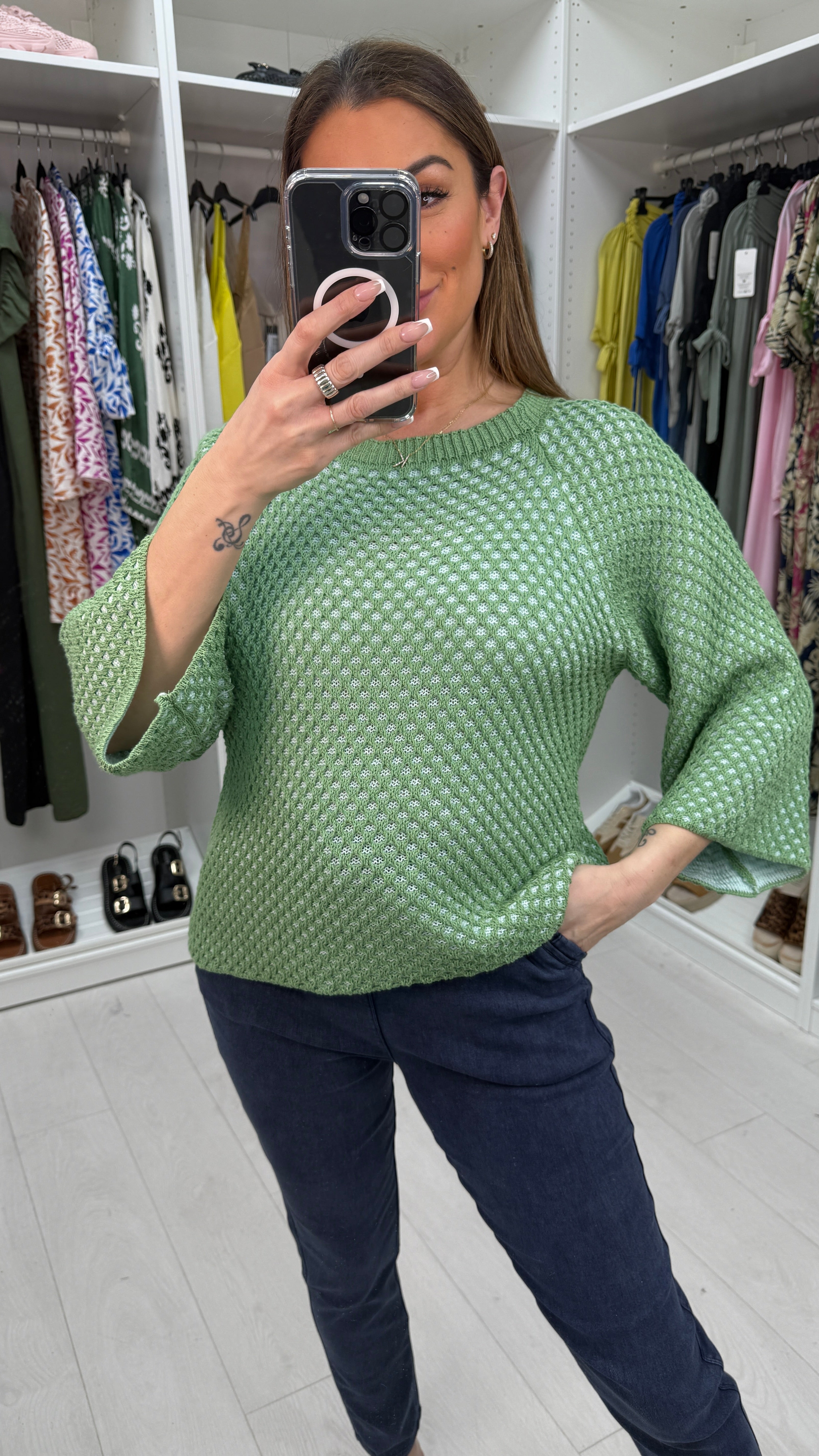 Jacqueline 3/4 Sleeve Crochet Knit Top