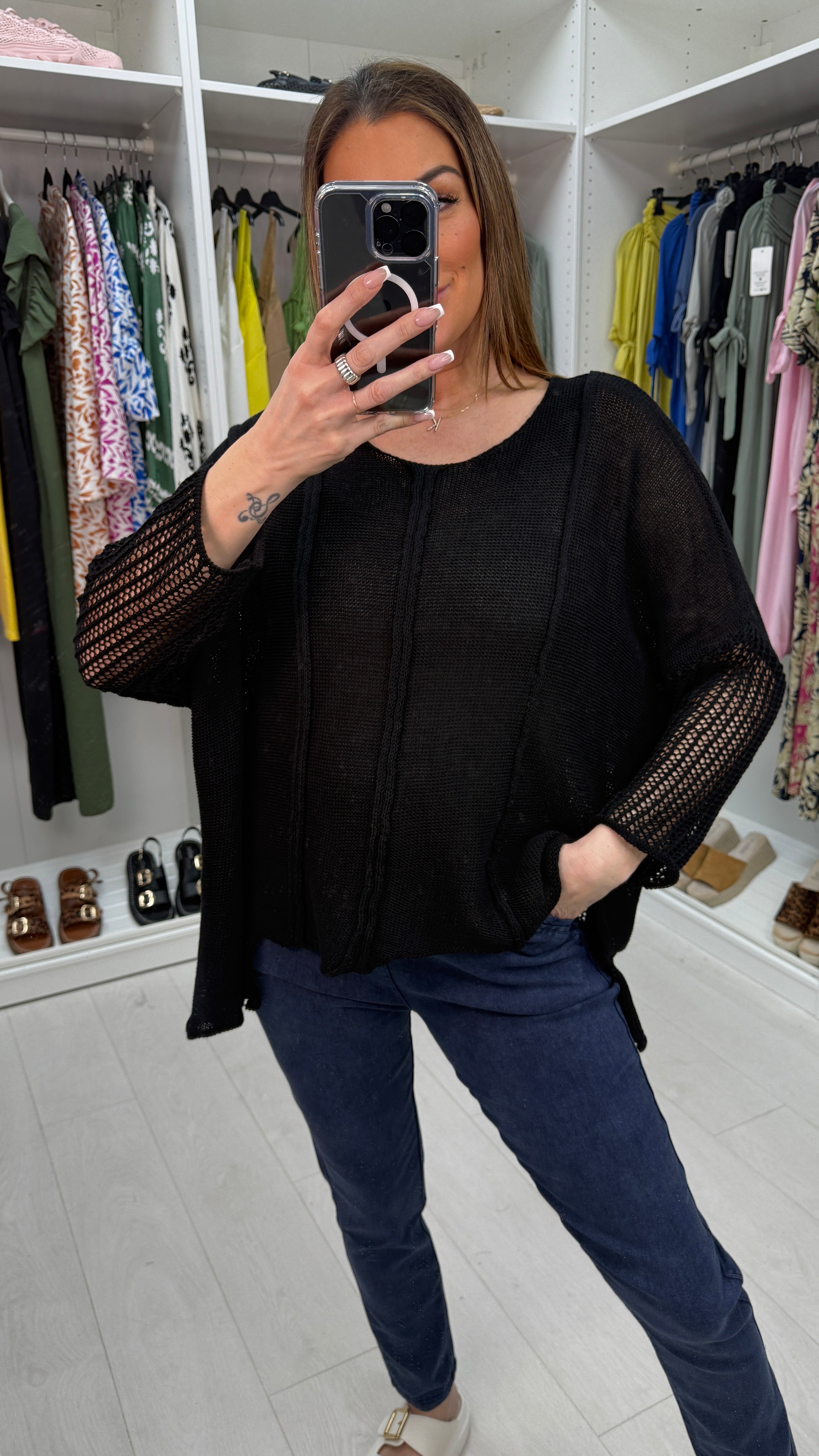 Bella Plain Asymmetric Crochet Oversized Top