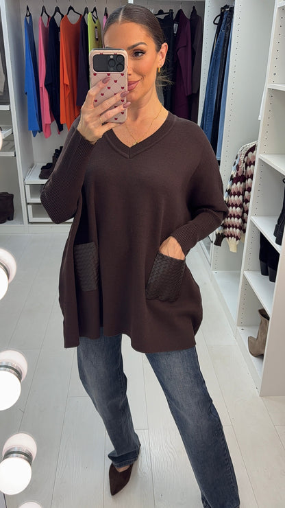 Safira V Neck Textured Pocket Knit Jumper