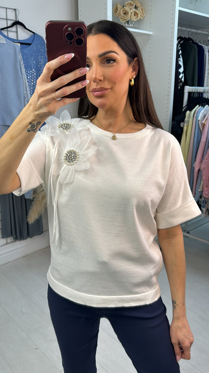 Coralie Plain Embellished Flower Short Sleeve Top