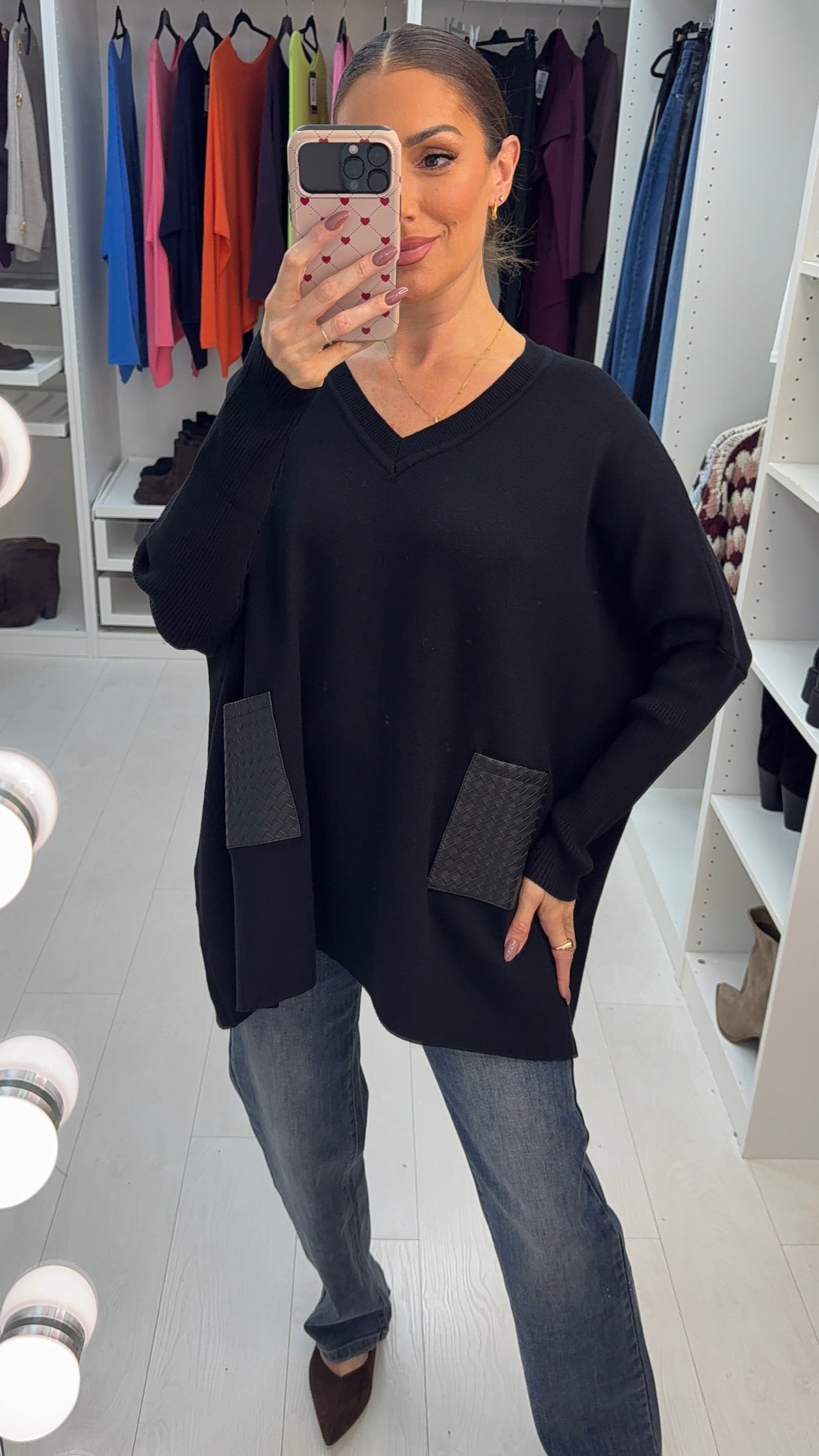 Safira V Neck Textured Pocket Knit Jumper