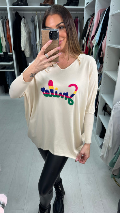 Zina Cream Colourful Smile Slogan Jumper