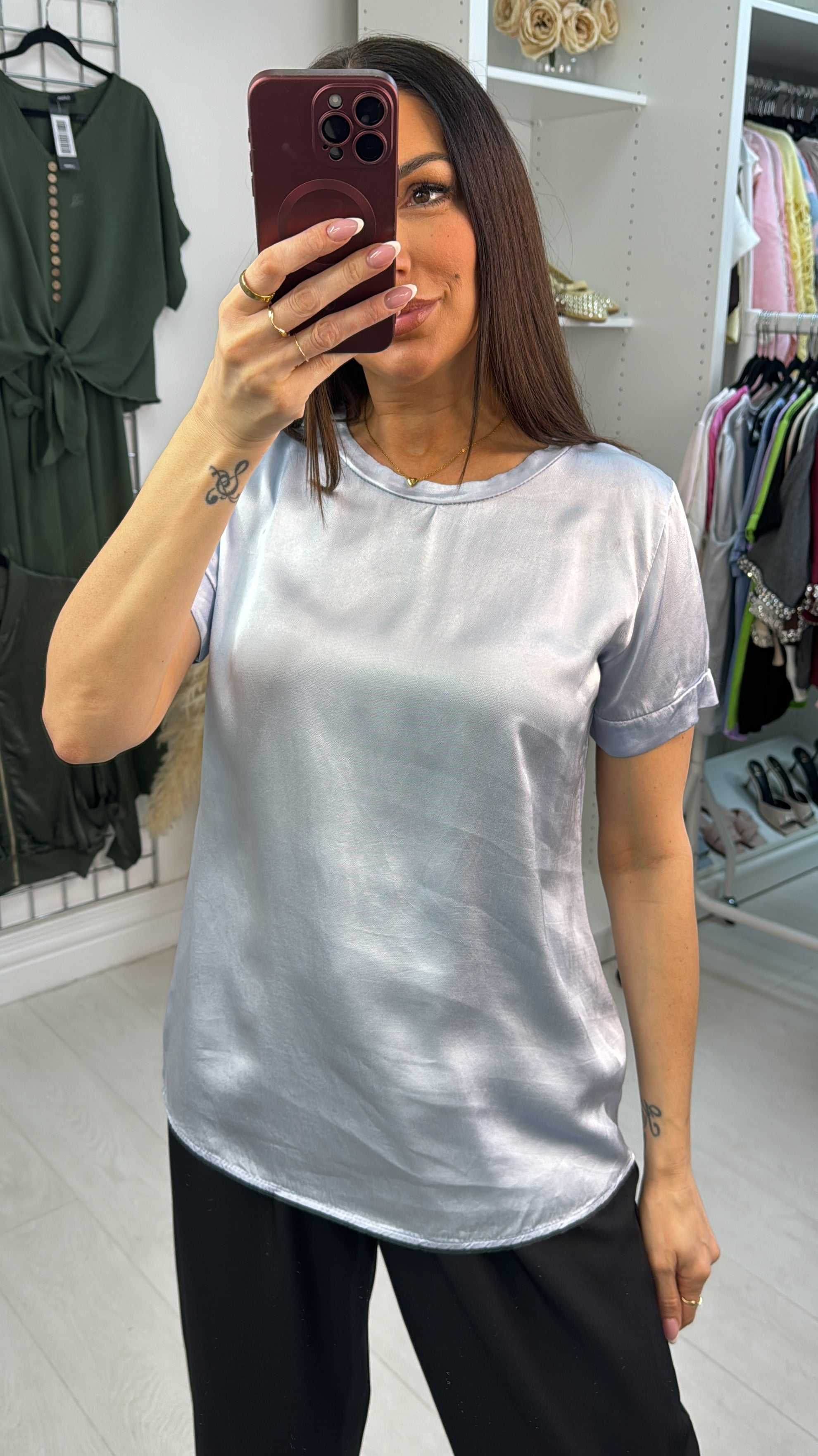 Gabby Plain Satin Short Sleeve Top