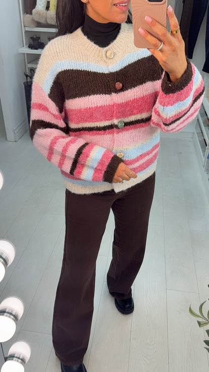Mirella Striped Button Detail Chunky Jumper