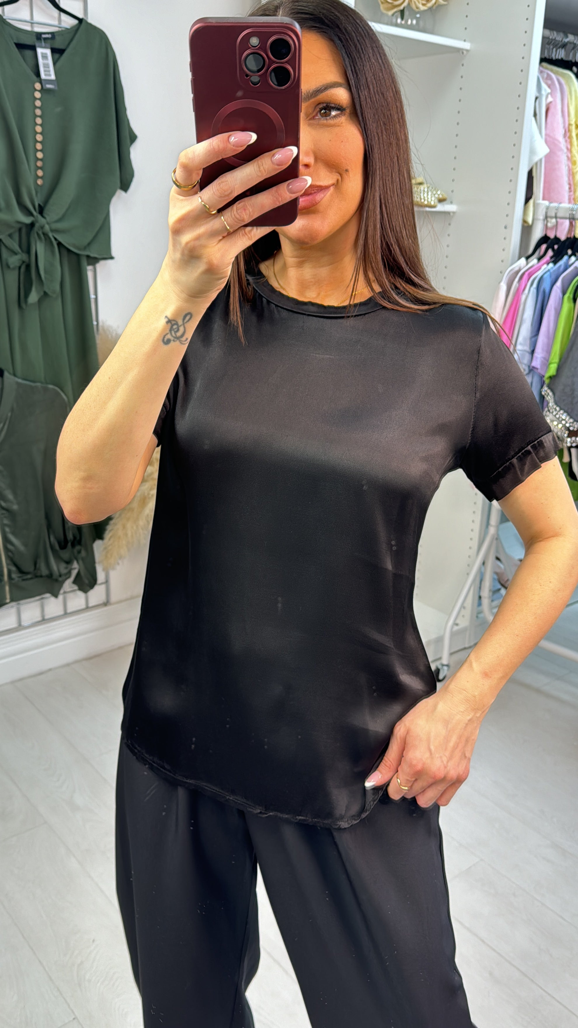 Gabby Plain Satin Short Sleeve Top