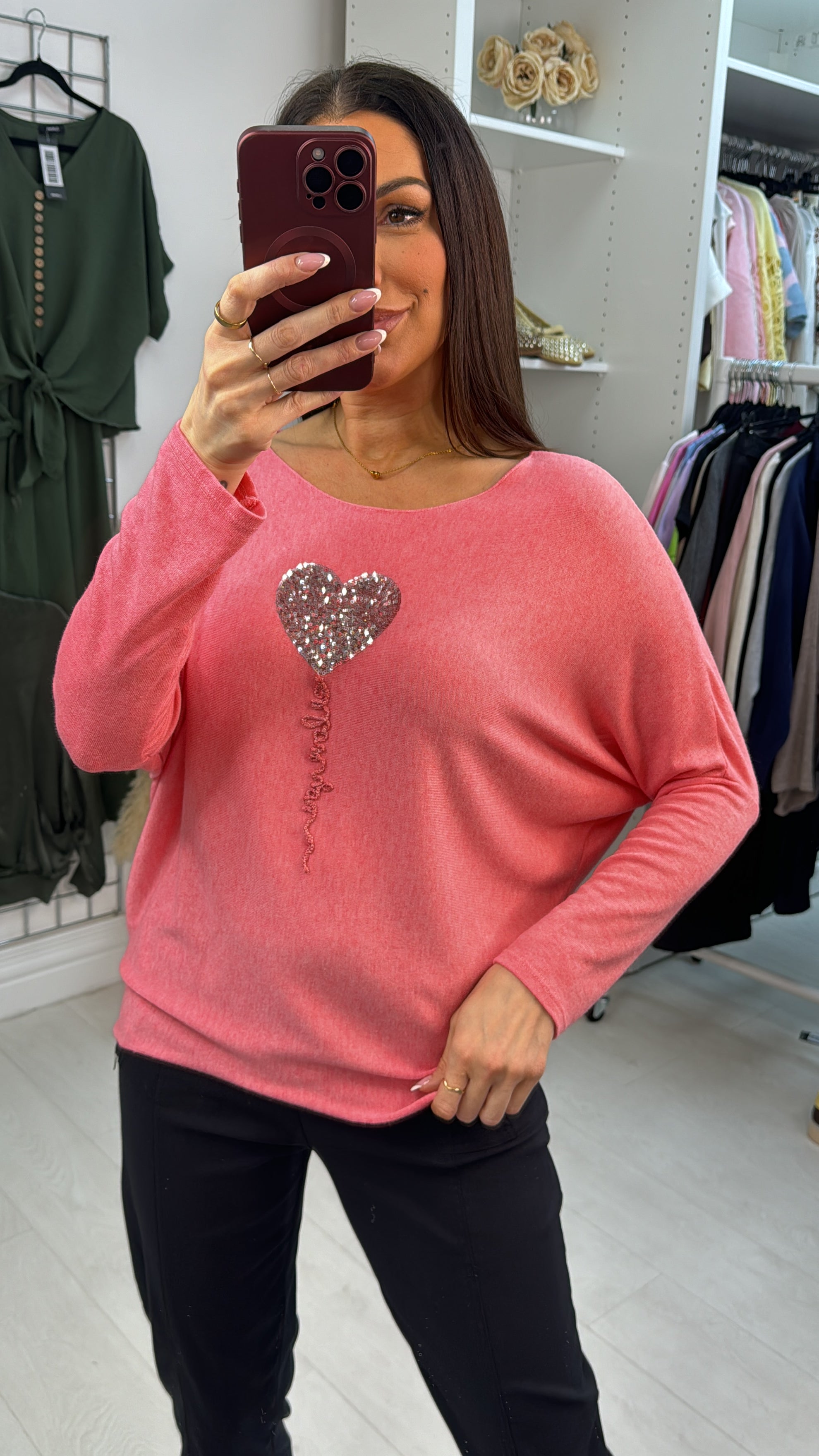 Betsy Sequin Heart Detail Loose Fit Thin Knit Jumper