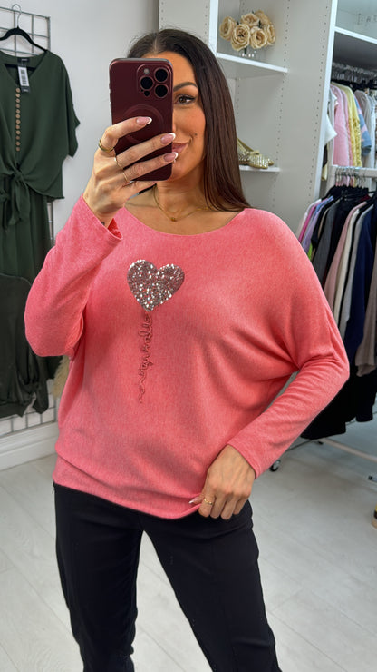 Betsy Sequin Heart Detail Loose Fit Thin Knit Jumper