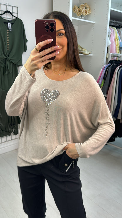 Betsy Sequin Heart Detail Loose Fit Thin Knit Jumper