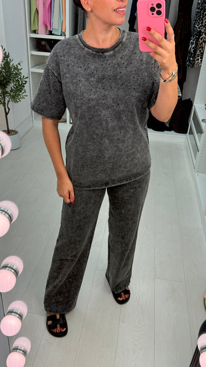 Quinn Acid Wash Embellished Detail Loungewear Set