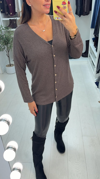 Candise Plain Button Front V Neck Thin Knit Jumper
