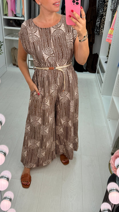 Leona Abstract Printed Belted Wide Leg Jumpsuit