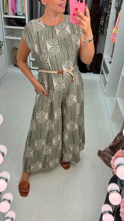 Leona Abstract Printed Belted Wide Leg Jumpsuit