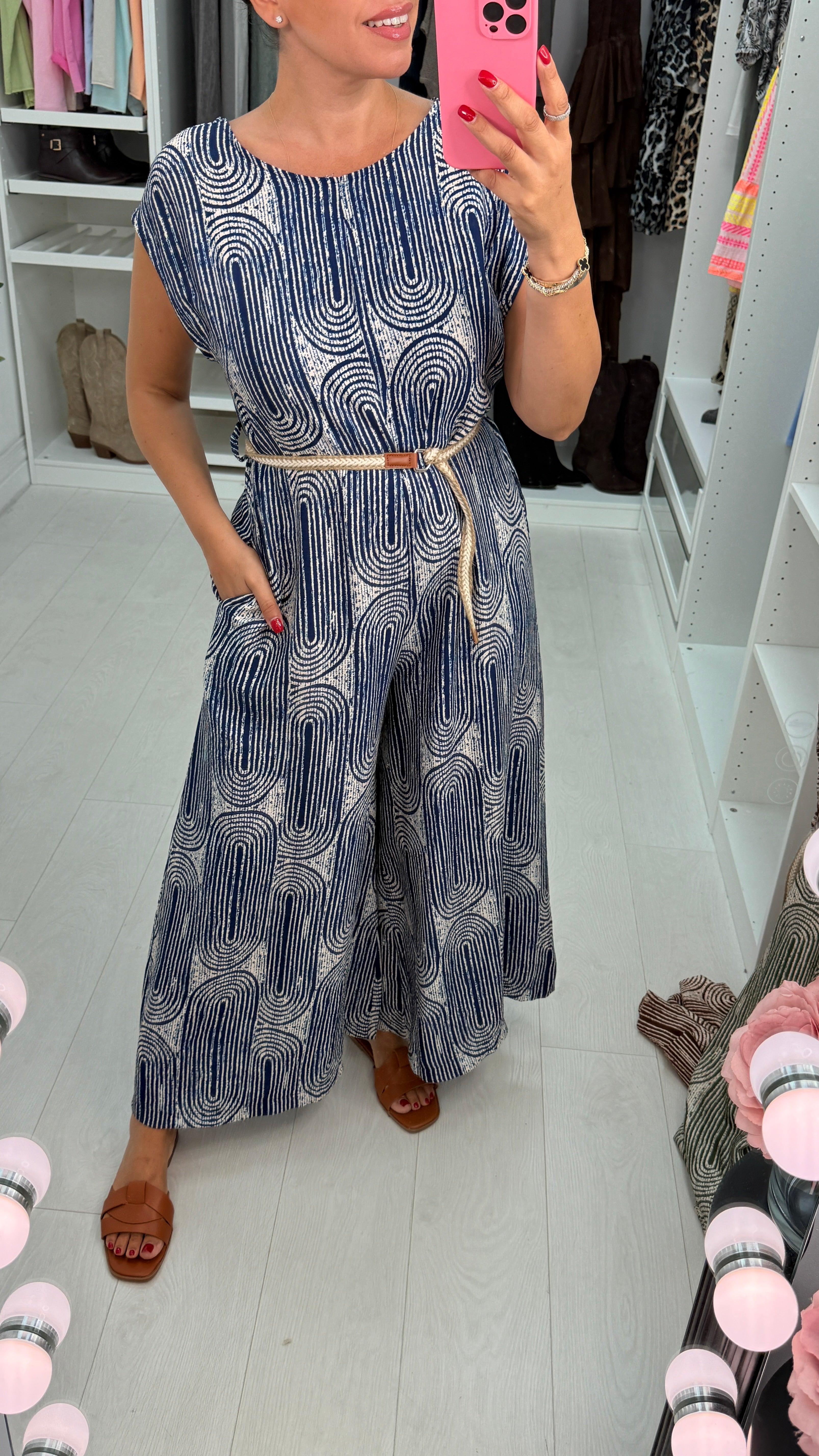 Leona Abstract Printed Belted Wide Leg Jumpsuit