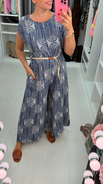 Leona Abstract Printed Belted Wide Leg Jumpsuit