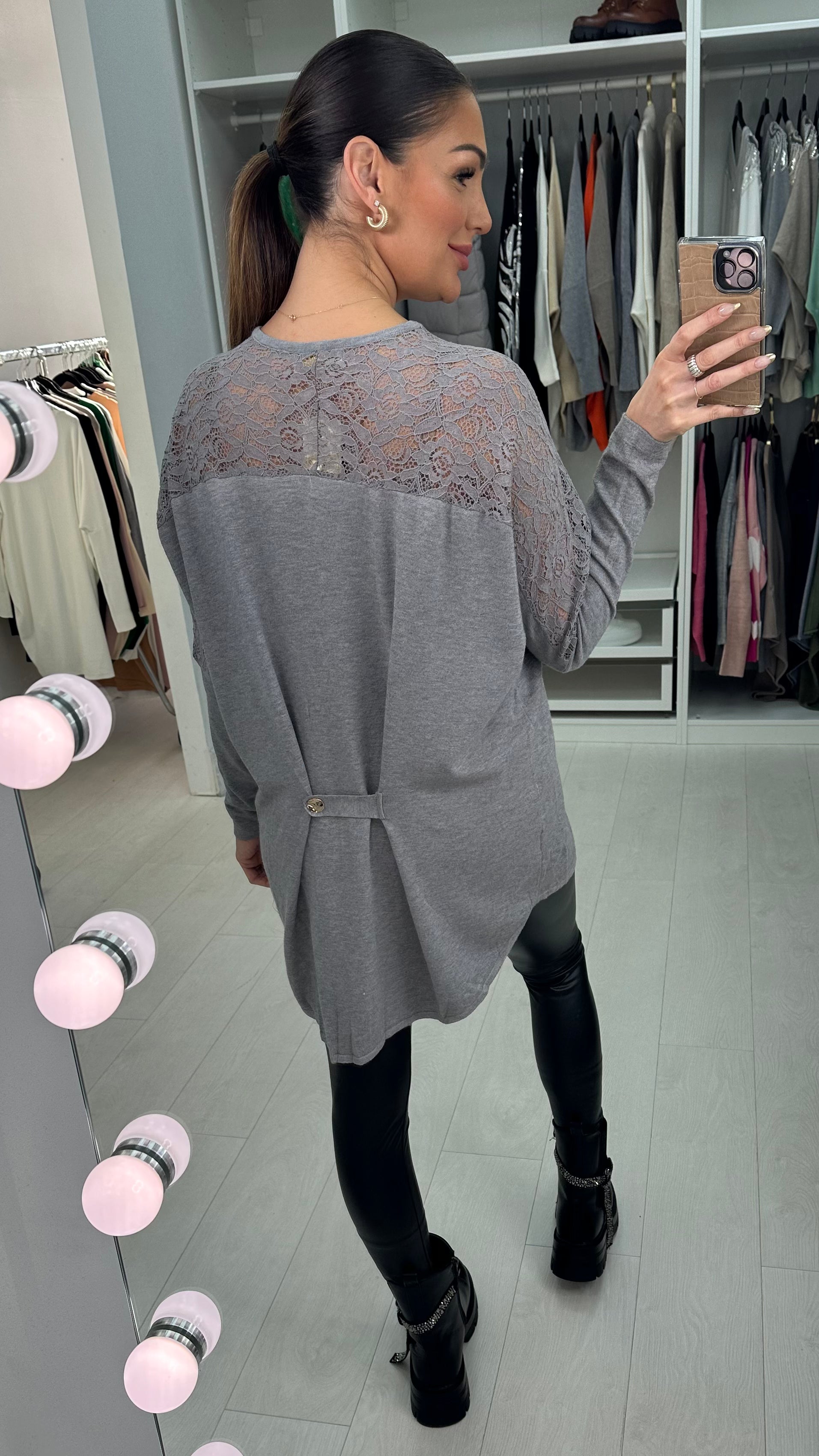 Iverna Lace Sleeve Dip Hem Knit