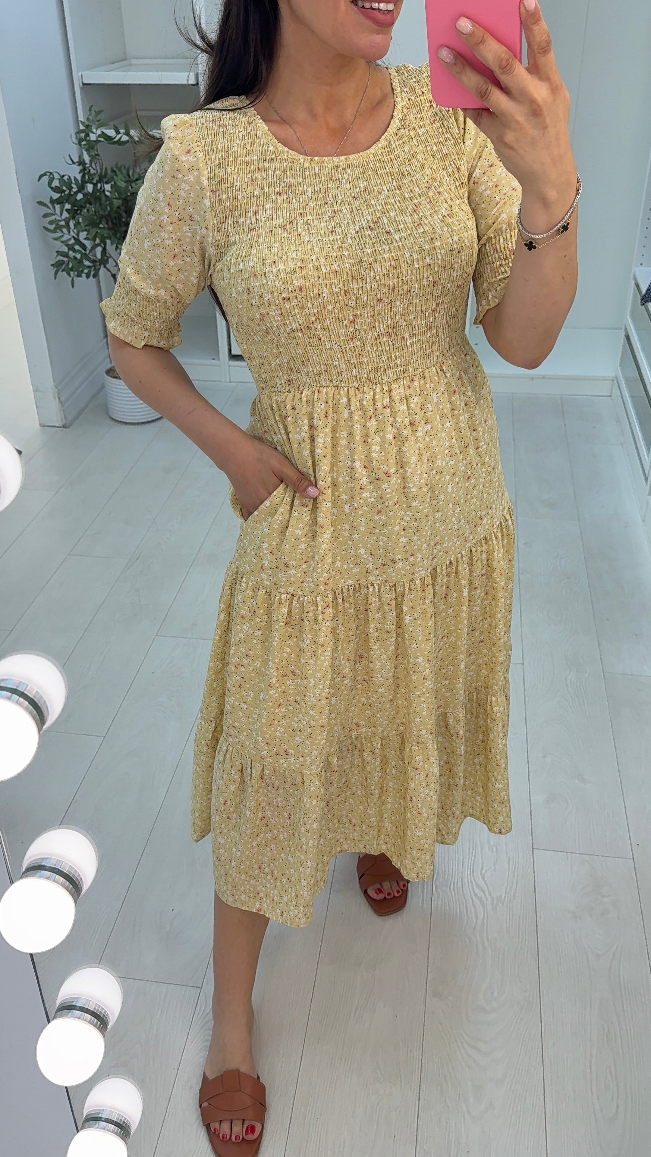Genny Lemon Ditsy Floral Print Smock Dress
