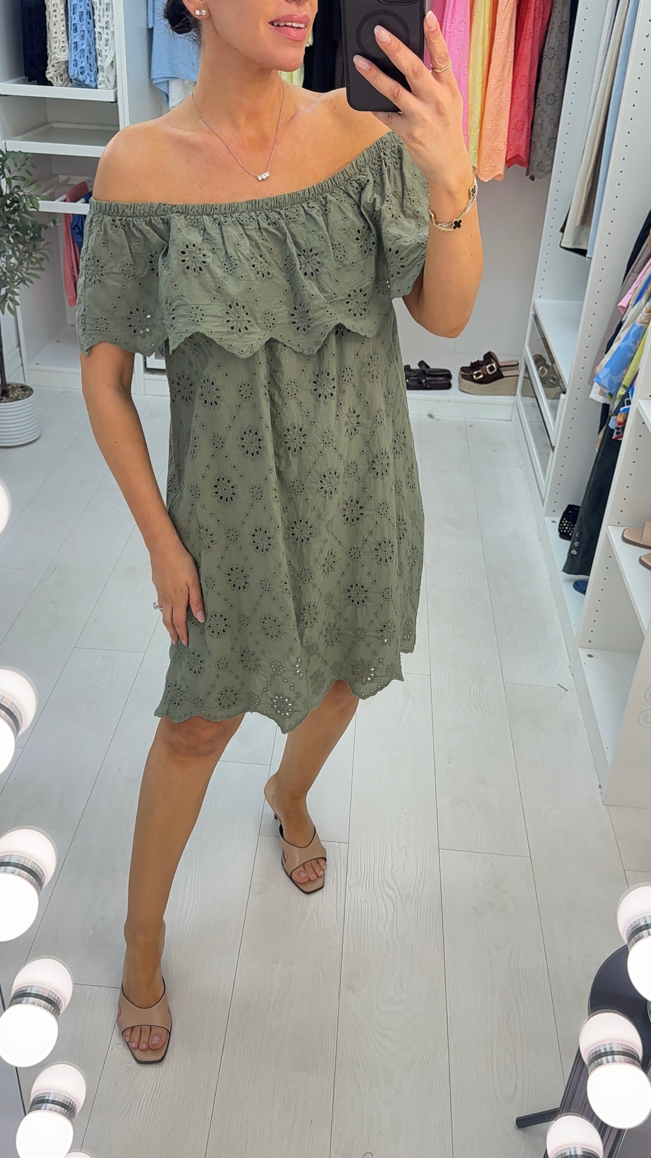 Jamila Plain Broidery Anglaise Bardot Midi Dress