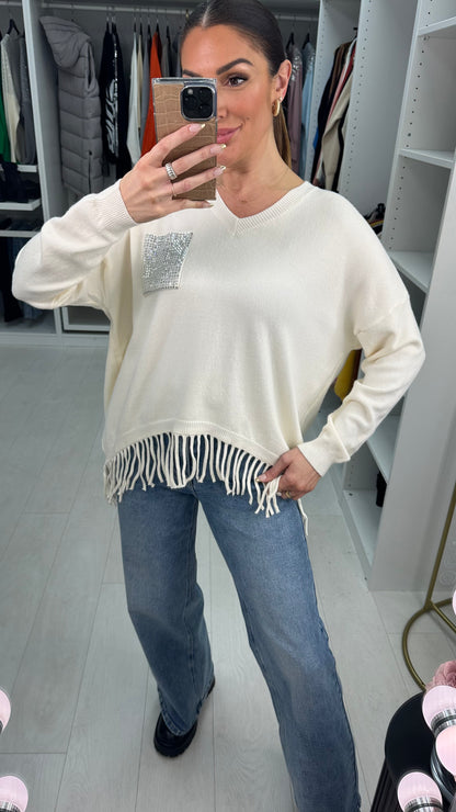 Jenny Diamante Pocket Tassel Hem Knit Jumper