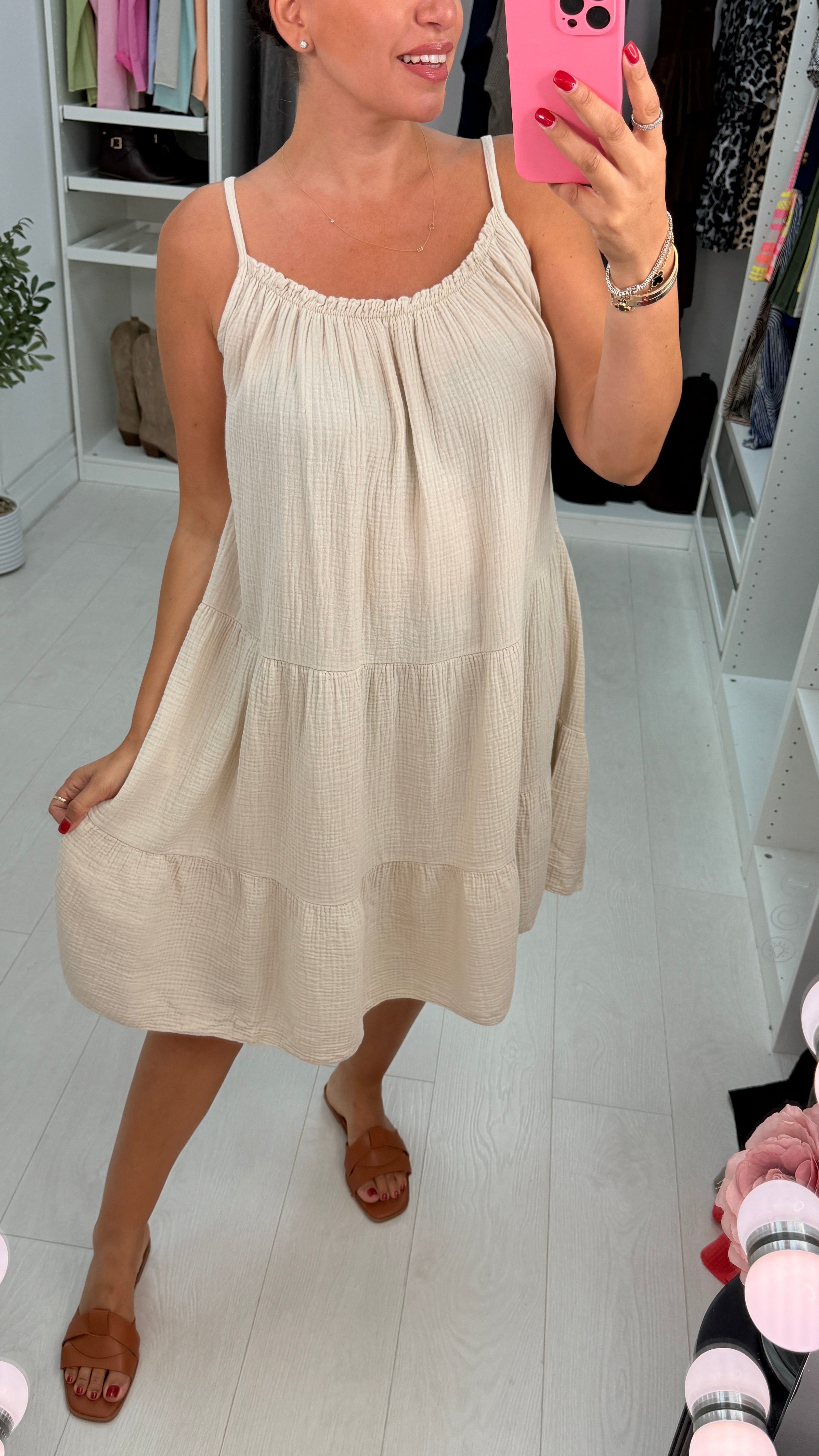 Marita Plain Cheesecloth Strappy Smock Dress