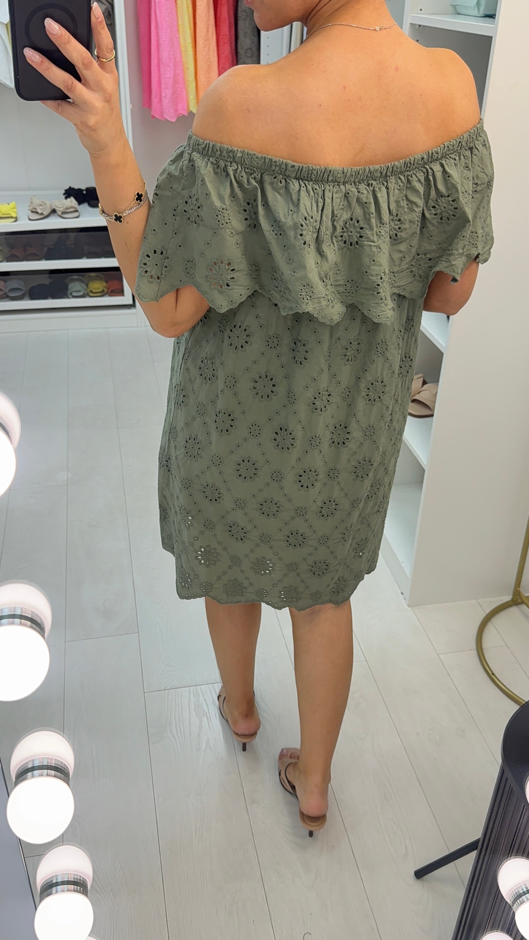 Jamila Plain Broidery Anglaise Bardot Midi Dress
