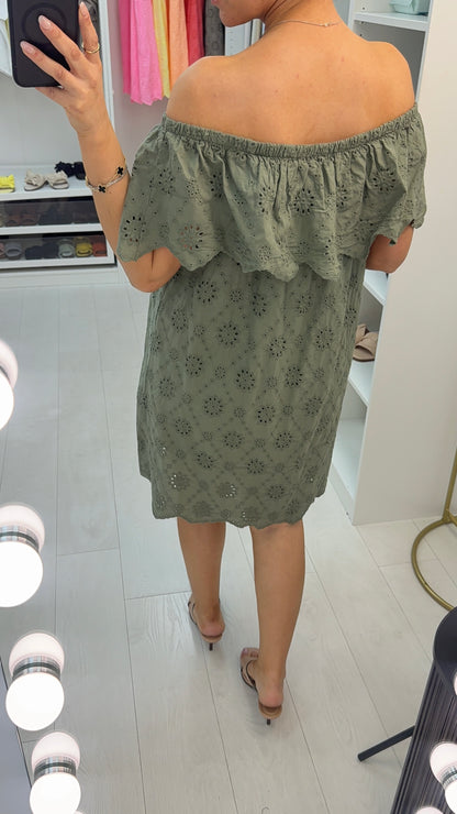 Jamila Plain Broidery Anglaise Bardot Midi Dress