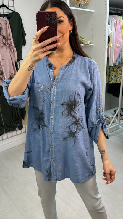 Jaylani Floral Print V Neck Sequin Embellished Top