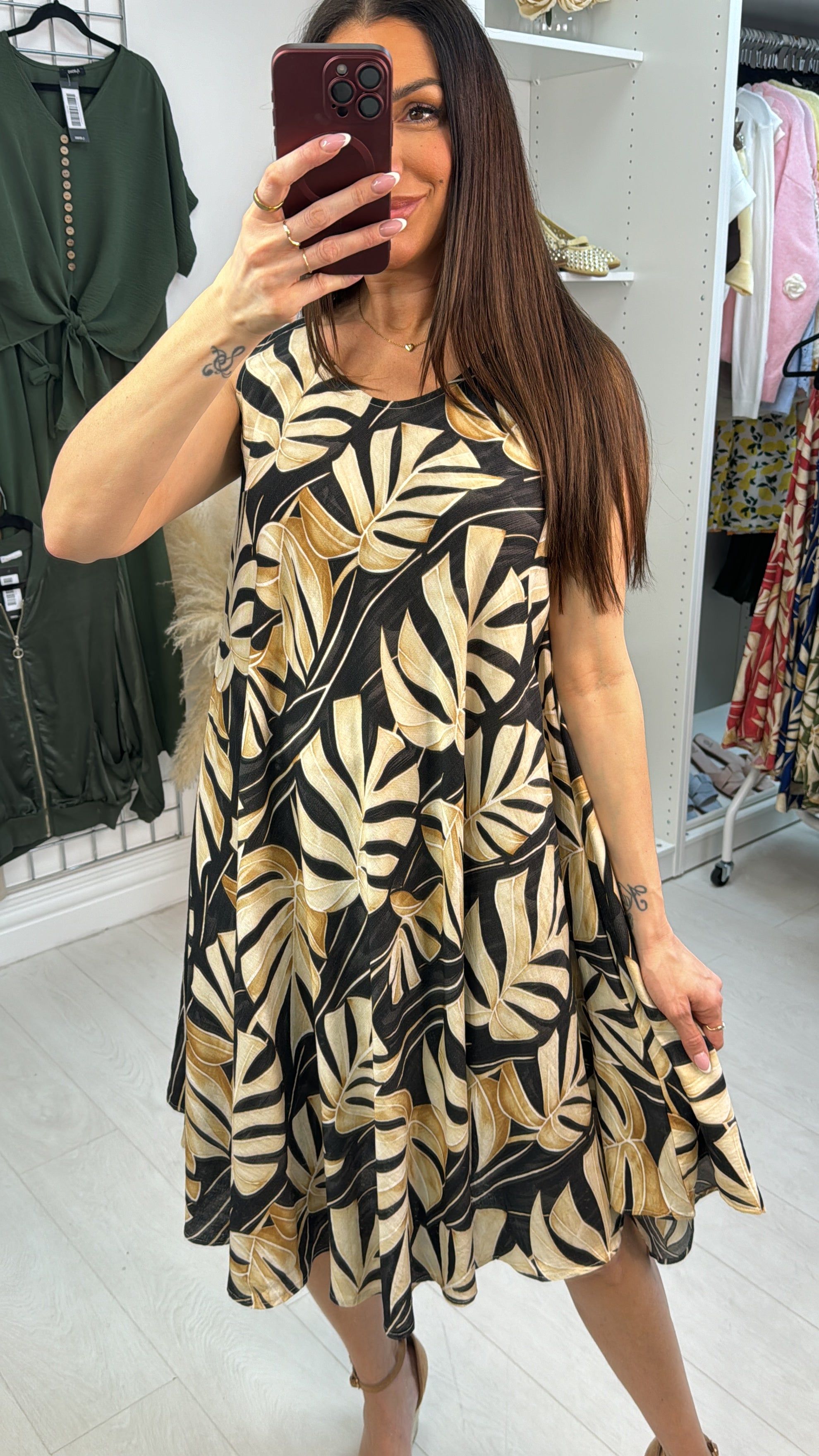 Suzanne Leaf Print Loose Fit Midi Dress