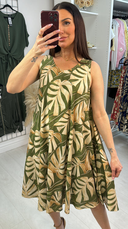 Suzanne Leaf Print Loose Fit Midi Dress