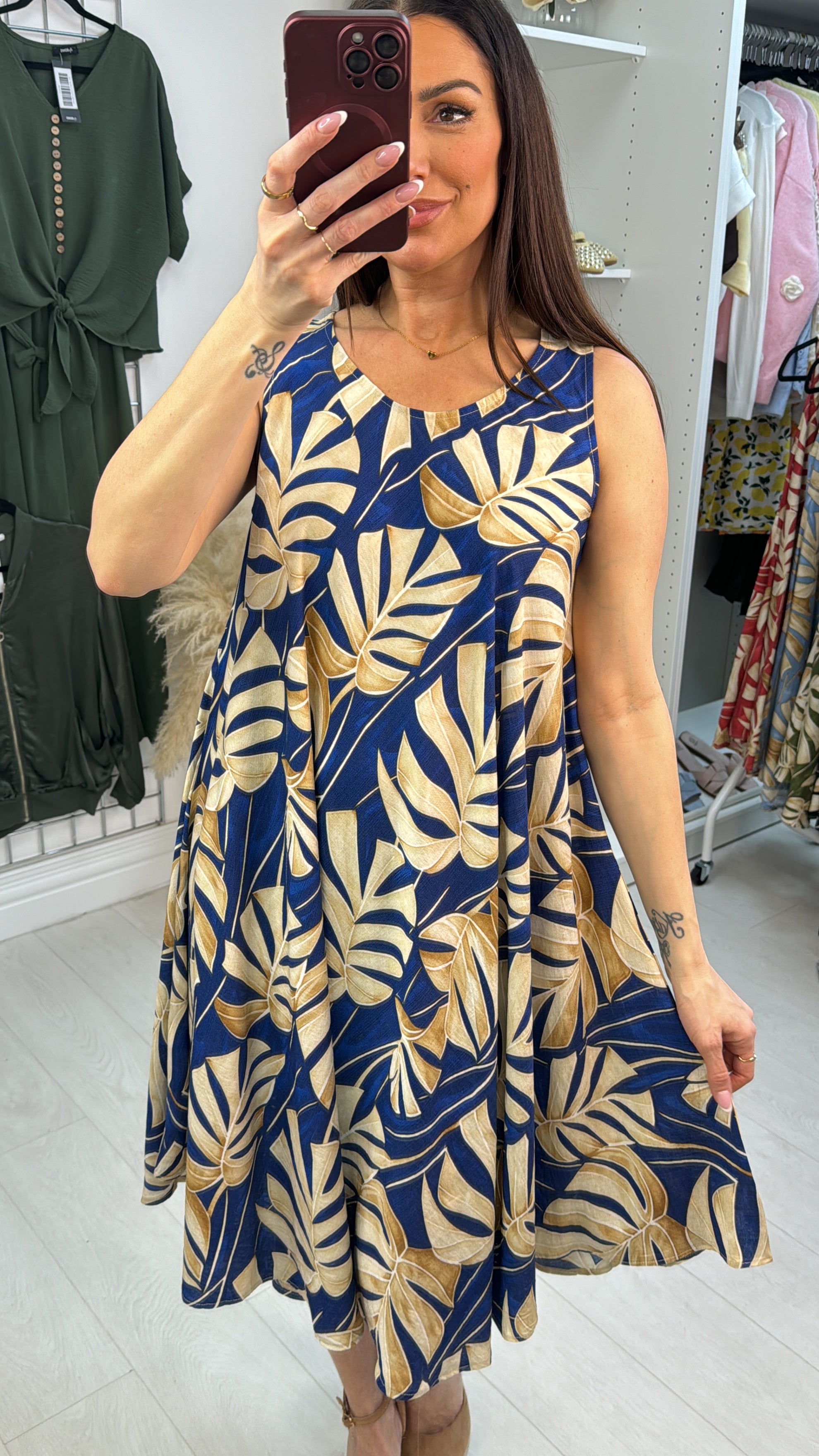 Suzanne Leaf Print Loose Fit Midi Dress