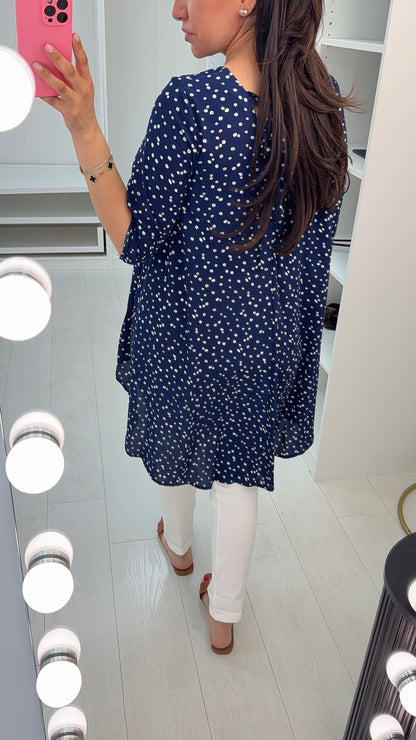 Saffie Navy Flower Print Dipped Hem Tie Back Top