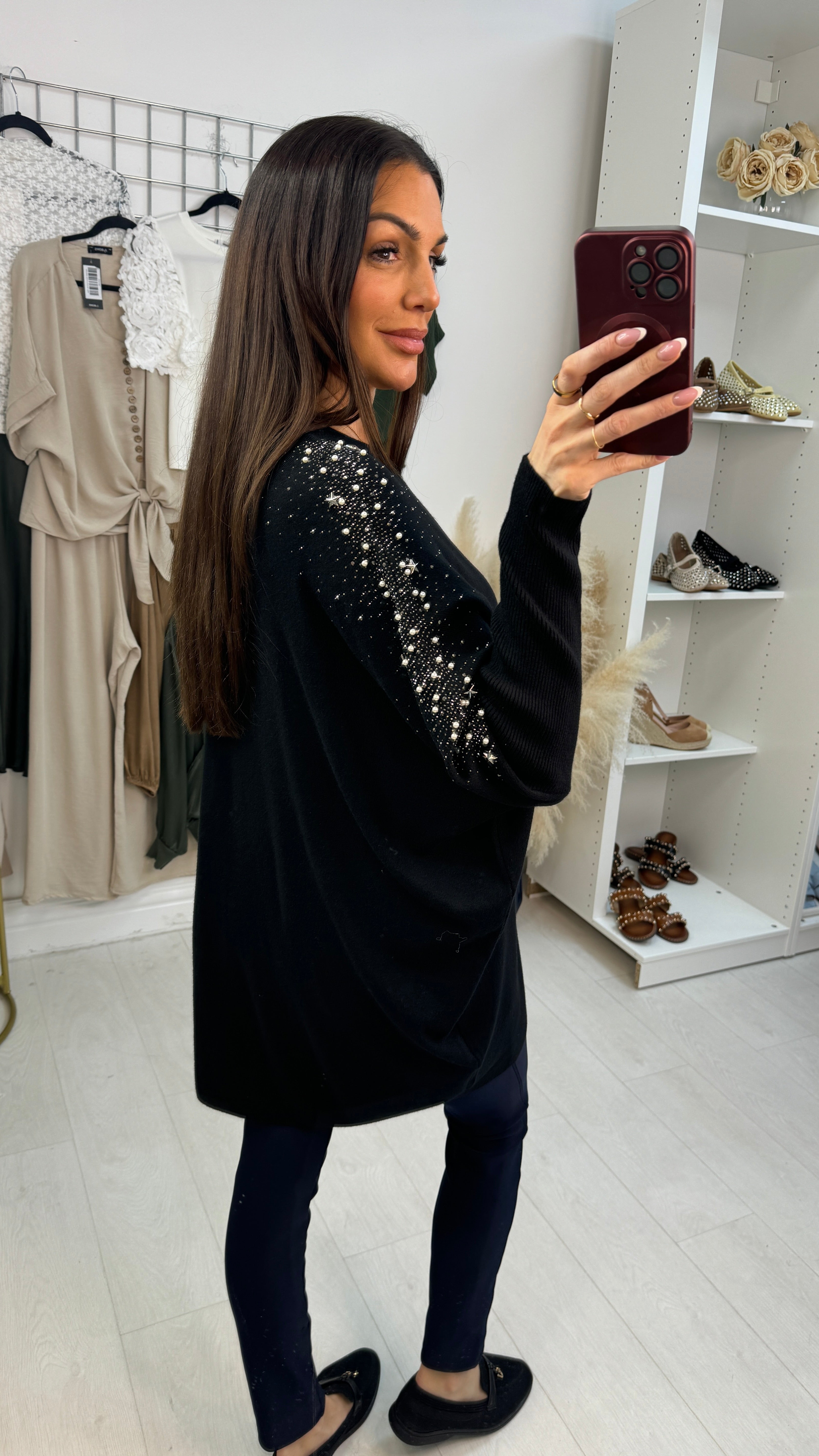 Avani Embellished Shoulder Loose Fit Dipped Hem Jumper