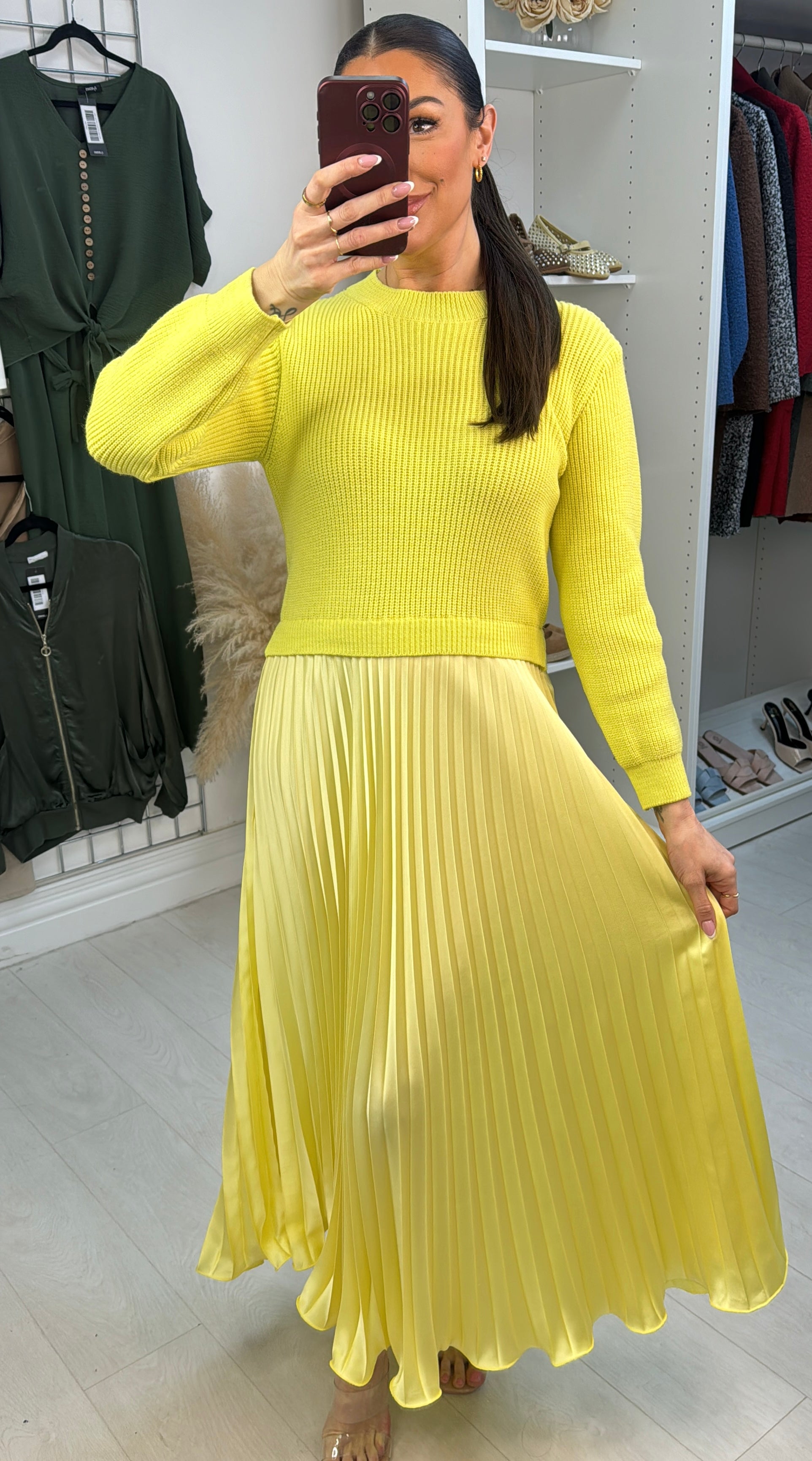 Elise Plain 2-In-1 Knitted Top Silk Pleated Dress