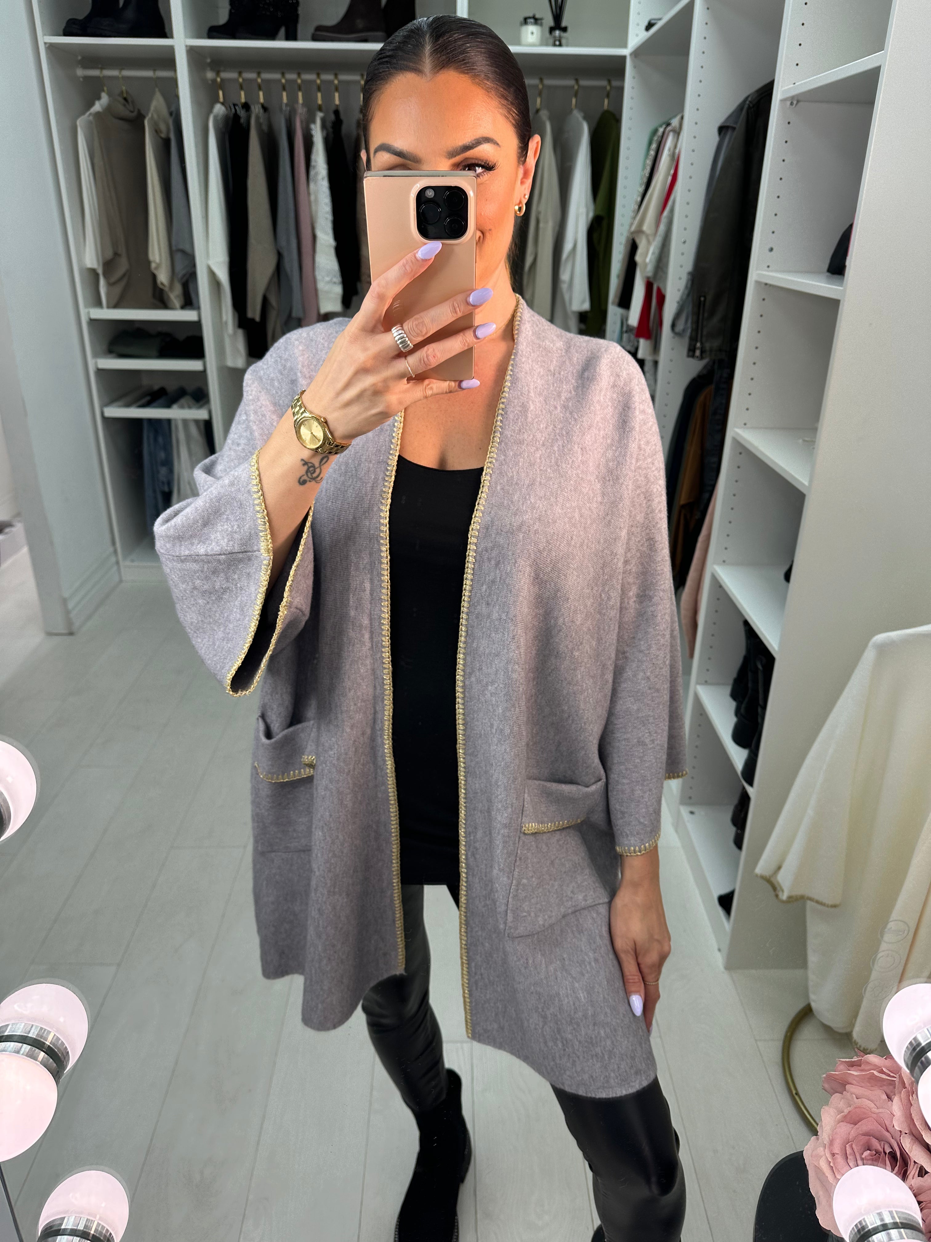 Samina Gold Stitched Hem Longline Cardigan