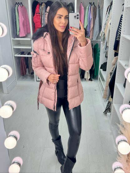 Lucy Pink Padded Faux Fur Hooded Coat