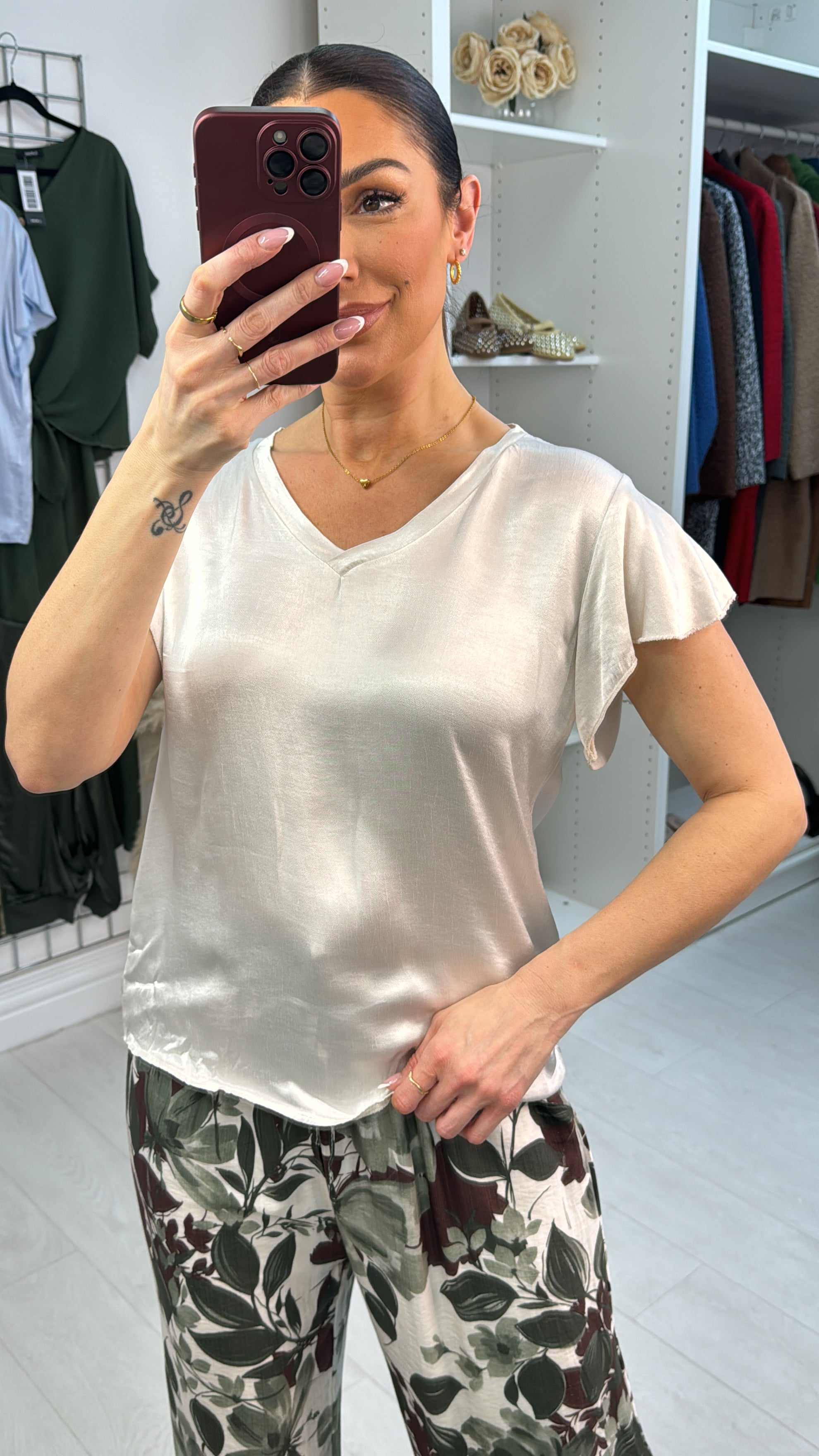 Corinna Satin V Neck Short Sleeve Top