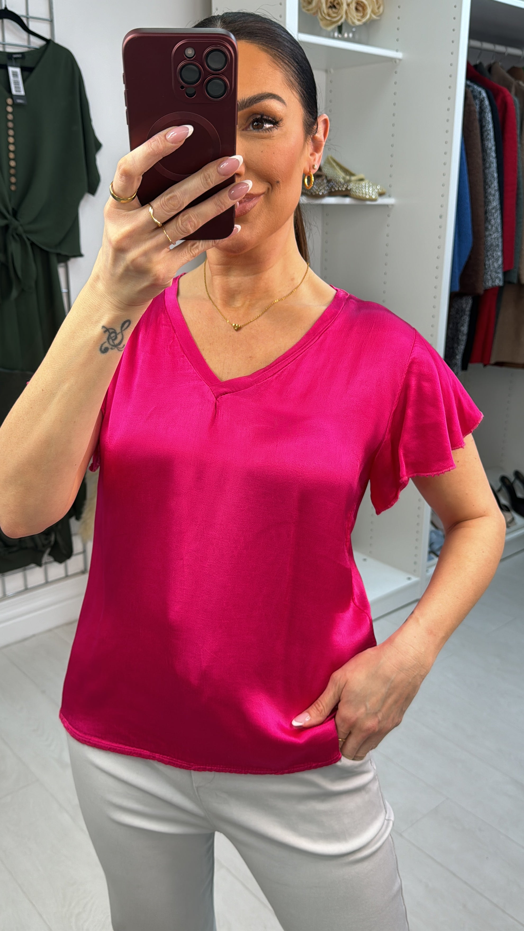 Corinna Satin V Neck Short Sleeve Top