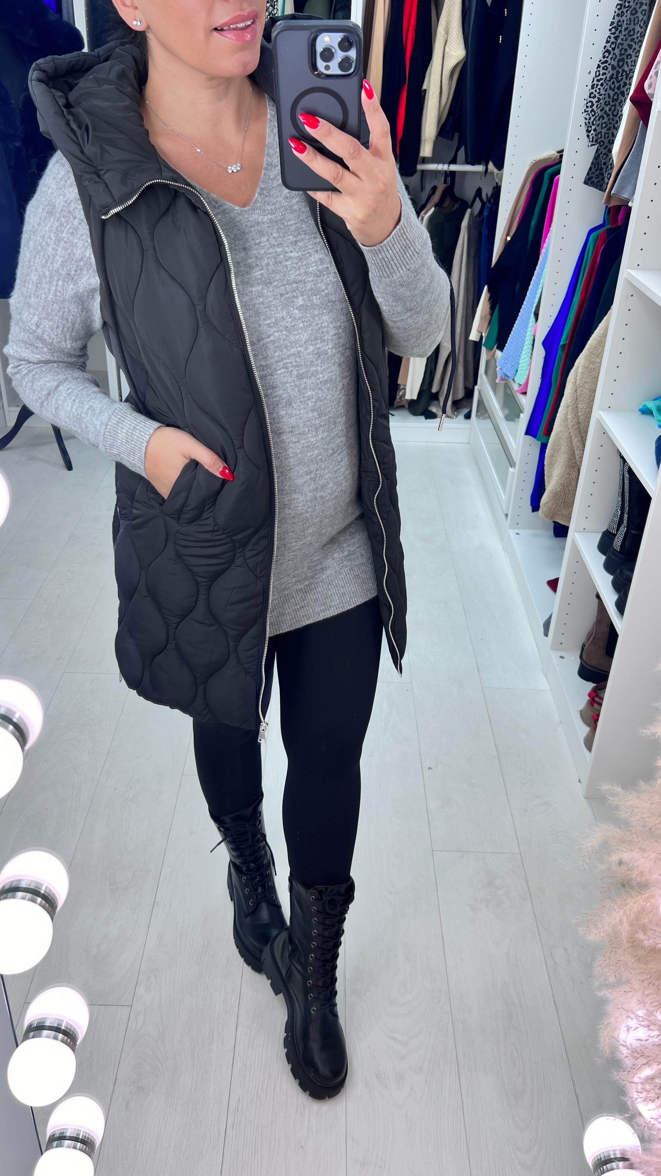 Marnie Black Quilted Hooded Gilet