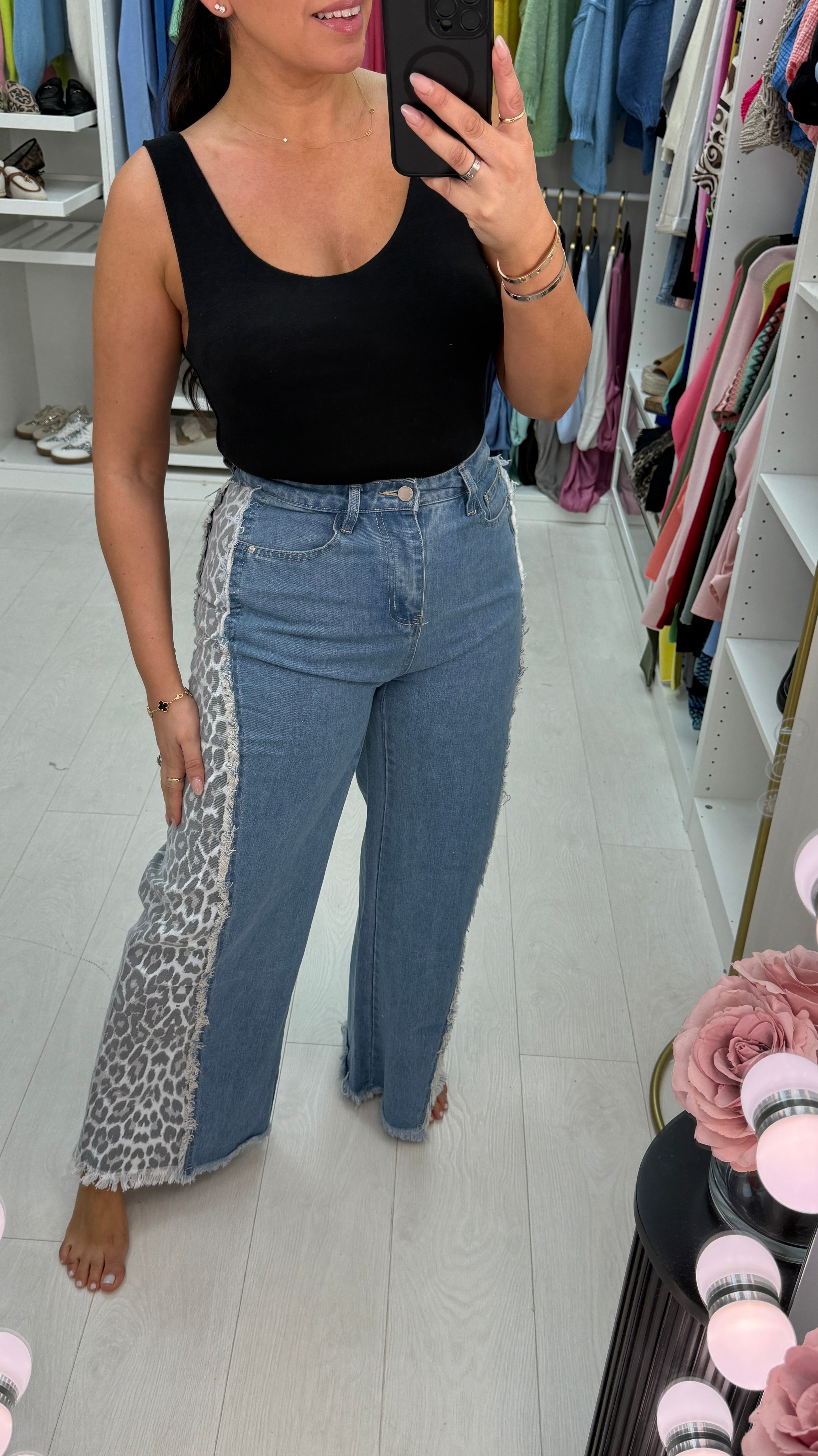 Molly Leopard Print Panel Distressed Wide Leg Jeans