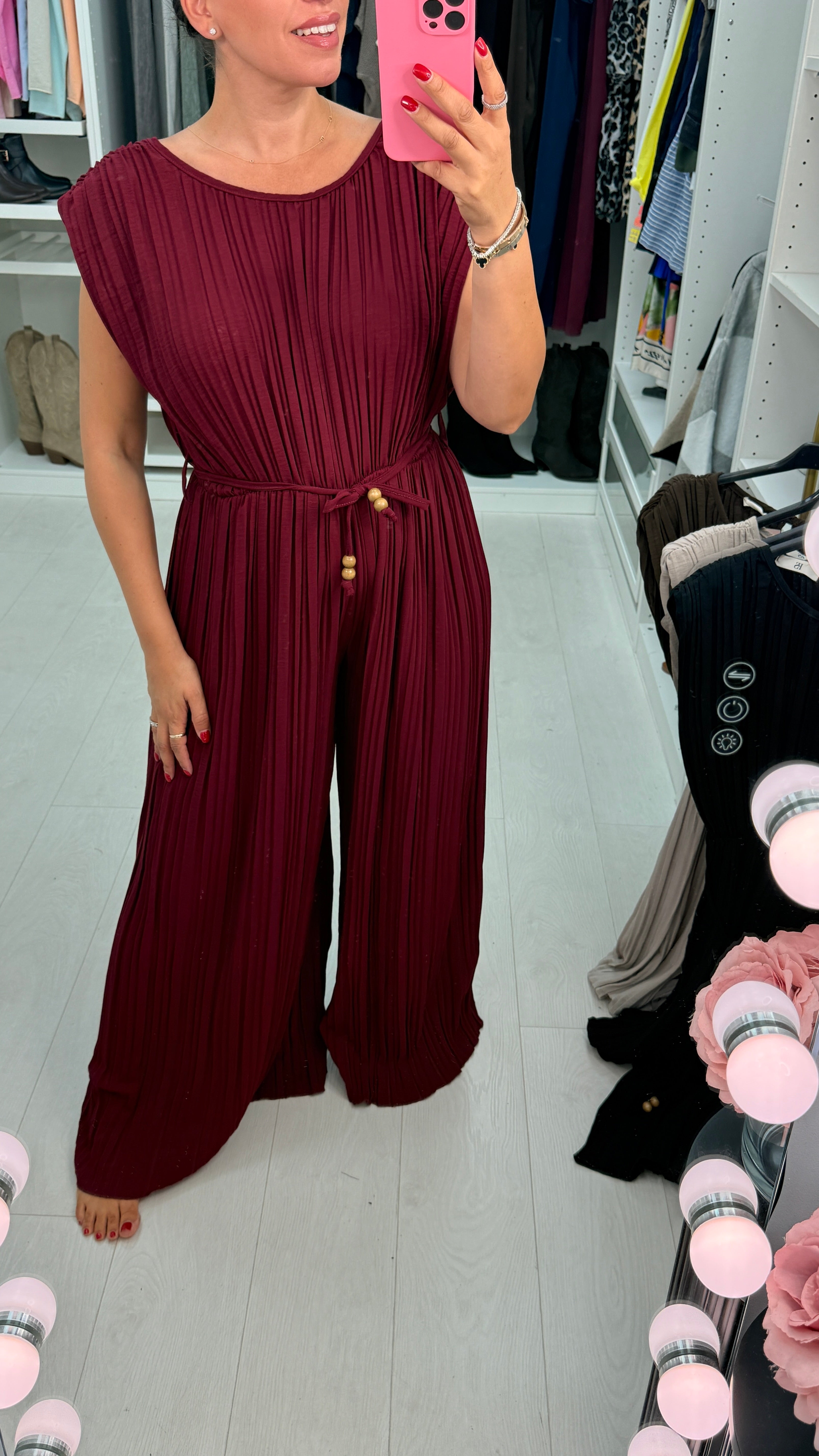 Klaria Plain Ribbed Tie Waist Wide Leg Jumpsuit