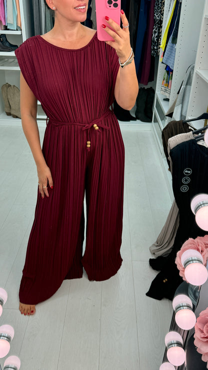 Klaria Plain Ribbed Tie Waist Wide Leg Jumpsuit