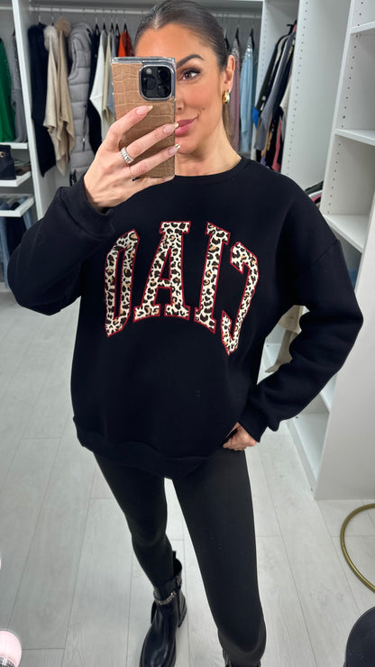 Lorena Leopard Print 'Ciao' Slogan Crew Neck Jumper