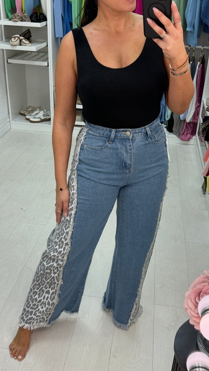 Molly Leopard Print Panel Distressed Wide Leg Jeans