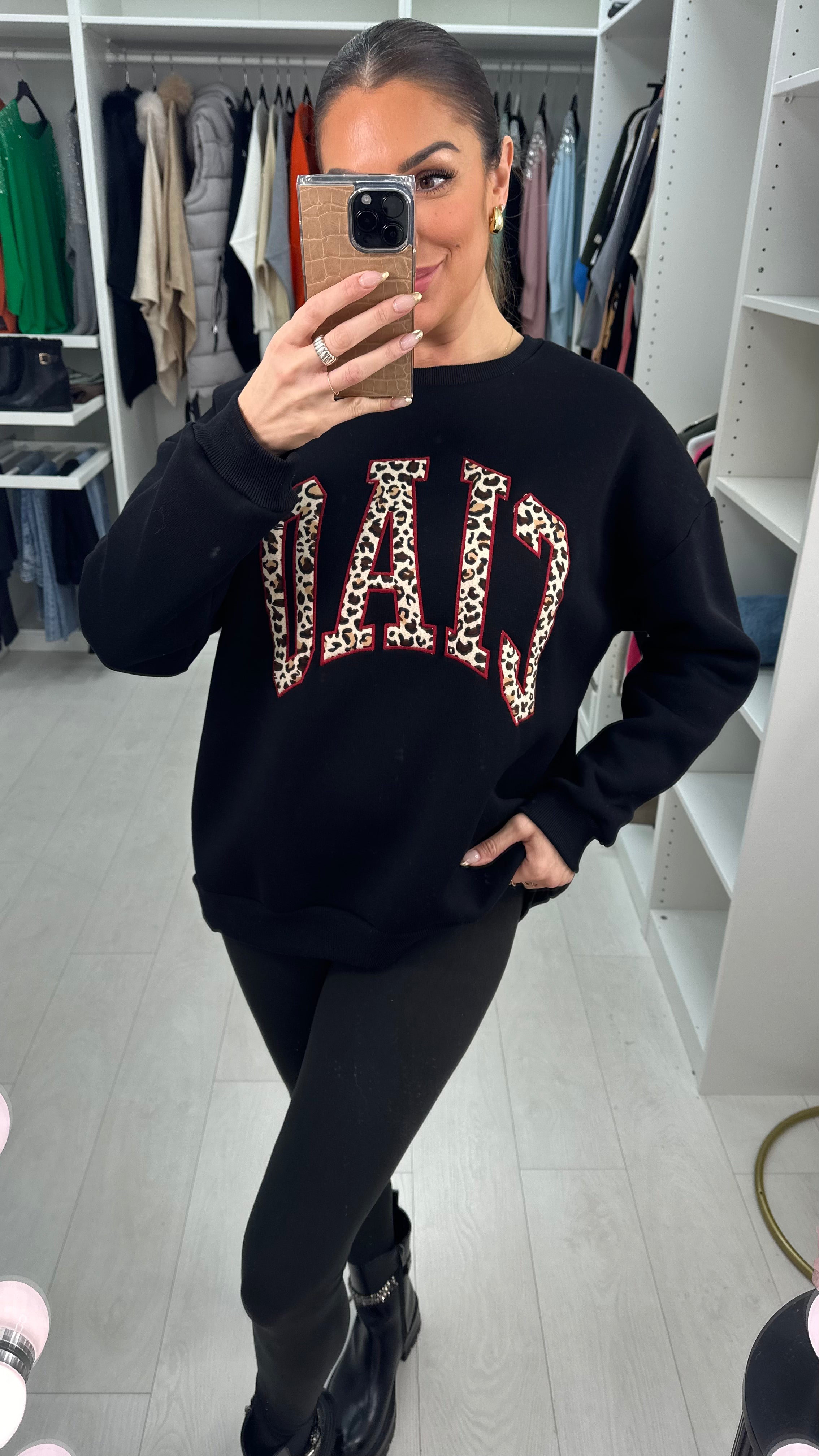 Lorena Leopard Print 'Ciao' Slogan Crew Neck Jumper