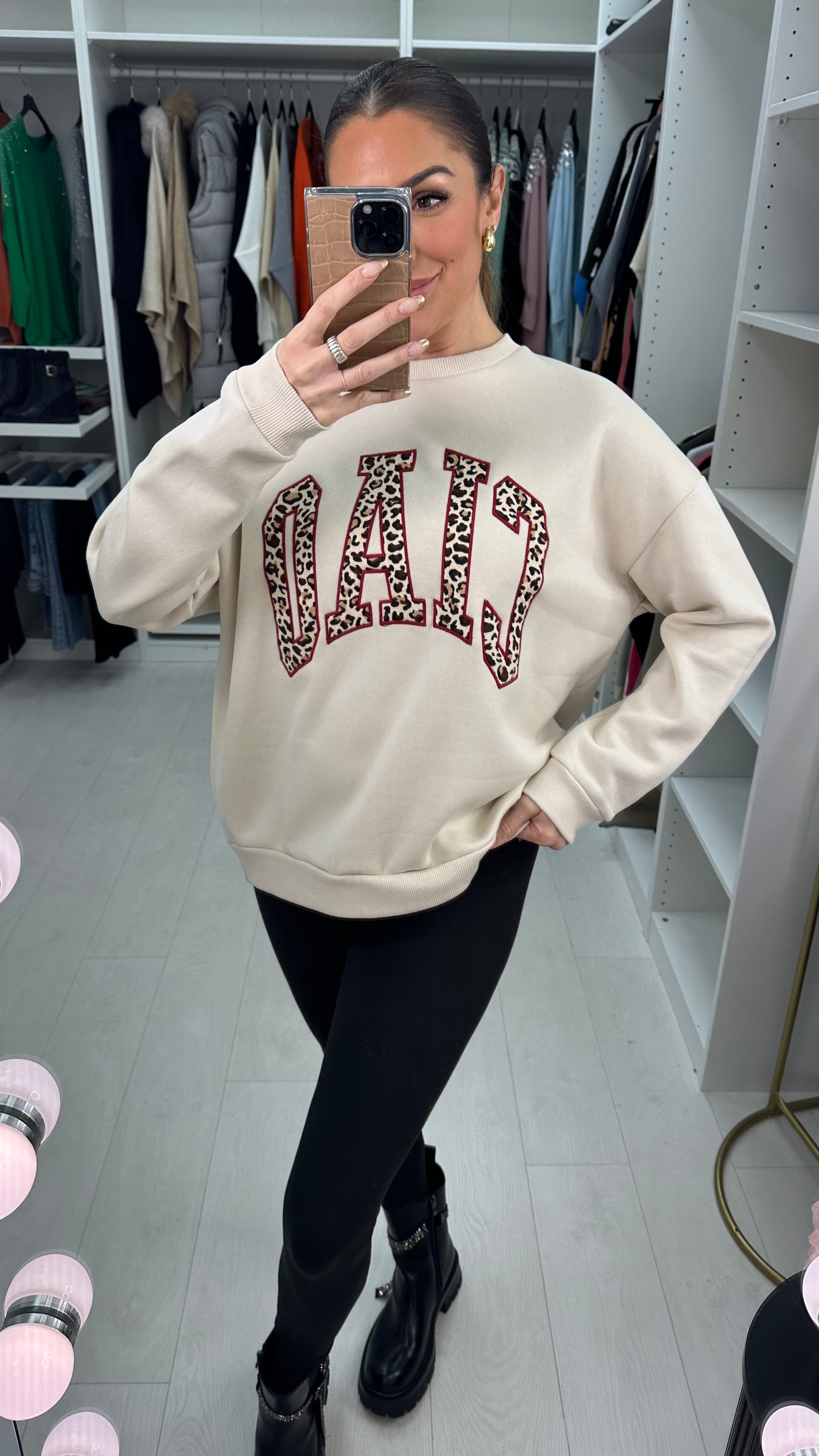 Lorena Leopard Print 'Ciao' Slogan Crew Neck Jumper