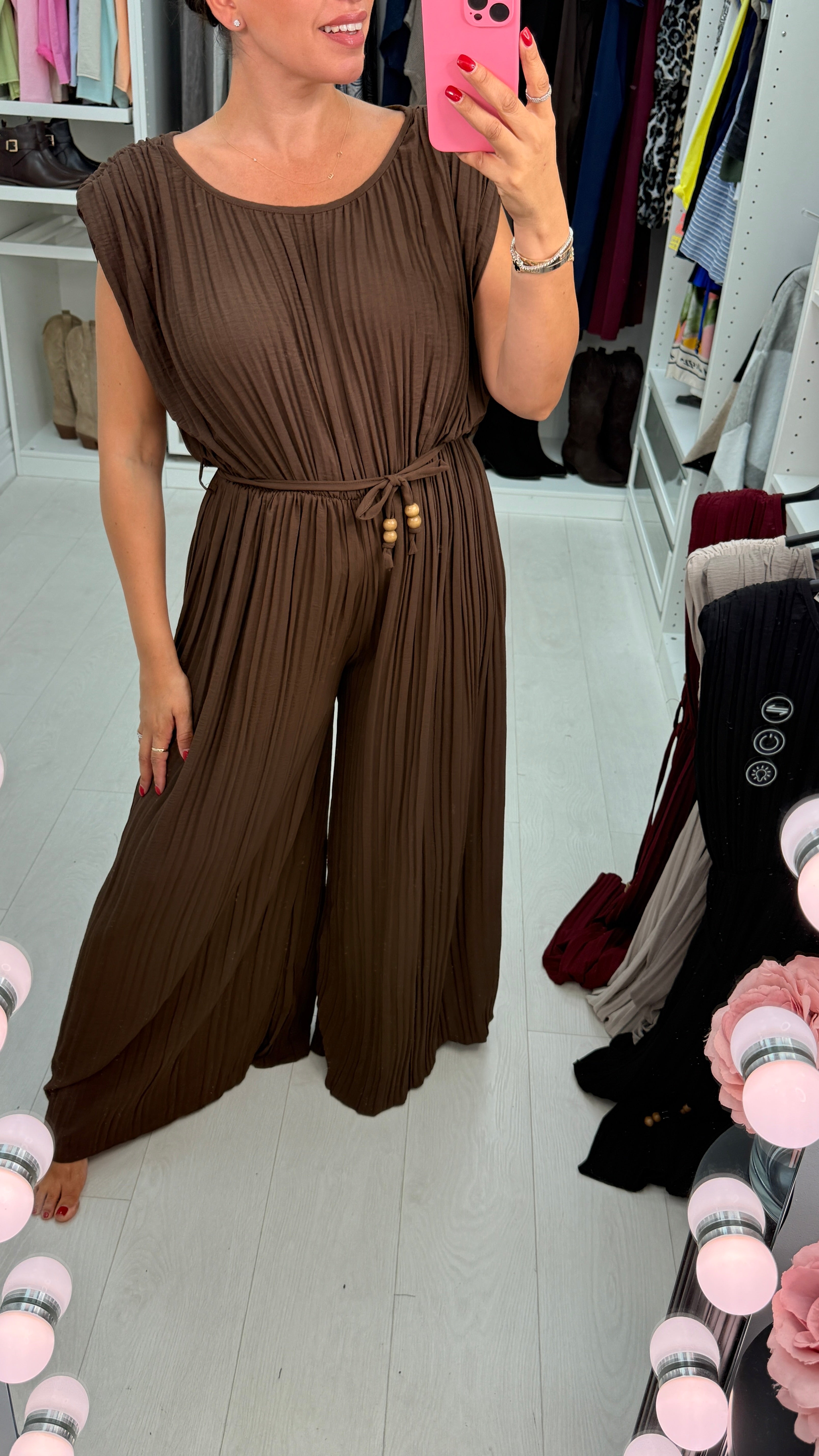Klaria Plain Ribbed Tie Waist Wide Leg Jumpsuit
