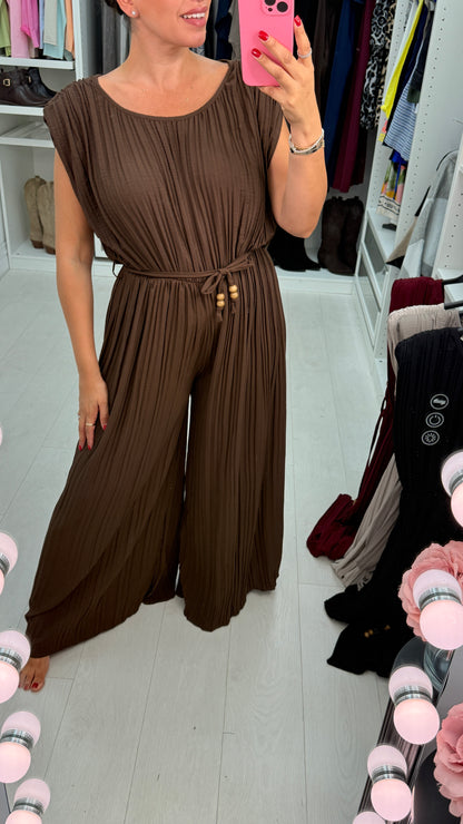 Klaria Plain Ribbed Tie Waist Wide Leg Jumpsuit